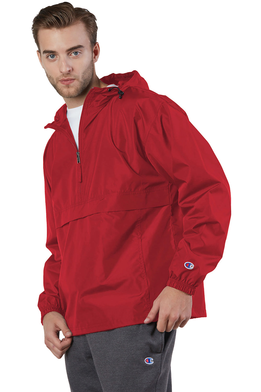 Champion CO200 Mens Packable Wind & Water Resistant Anorak 1/4 Zip Hooded Jacket Scarlet Red Model 3q