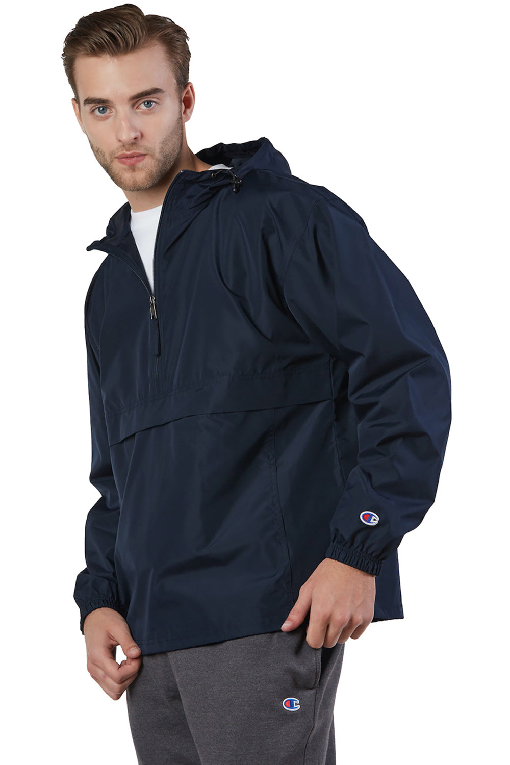 Champion CO200 Mens Packable Wind & Water Resistant Anorak 1/4 Zip Hooded Jacket Navy Blue Model 3q