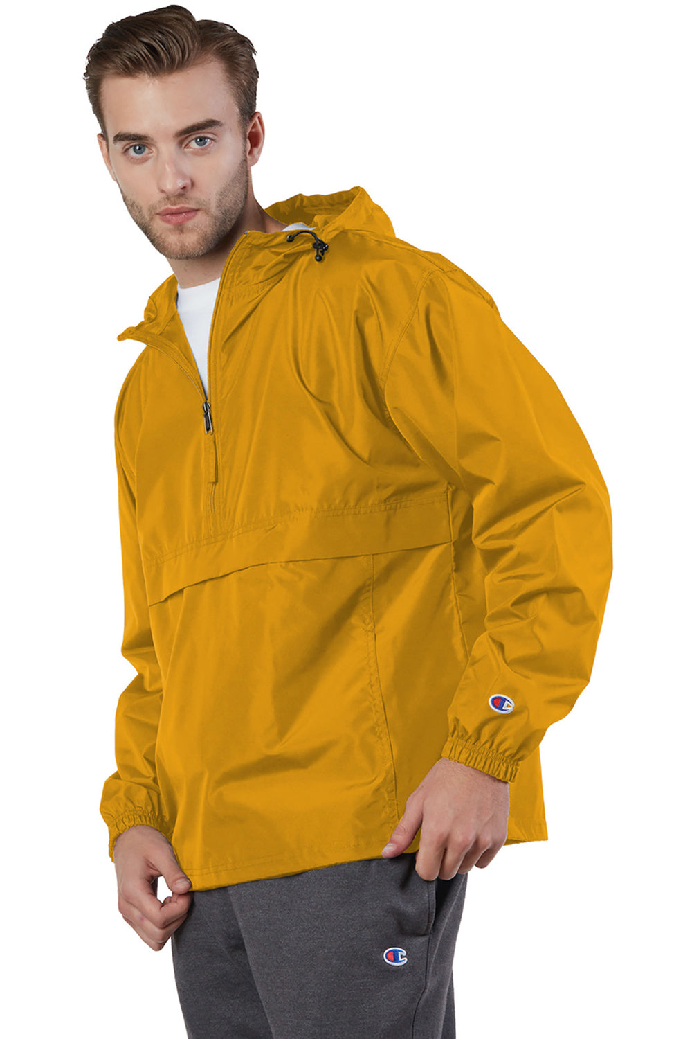 Champion CO200 Mens Packable Wind & Water Resistant Anorak 1/4 Zip Hooded Jacket Gold Model 3q
