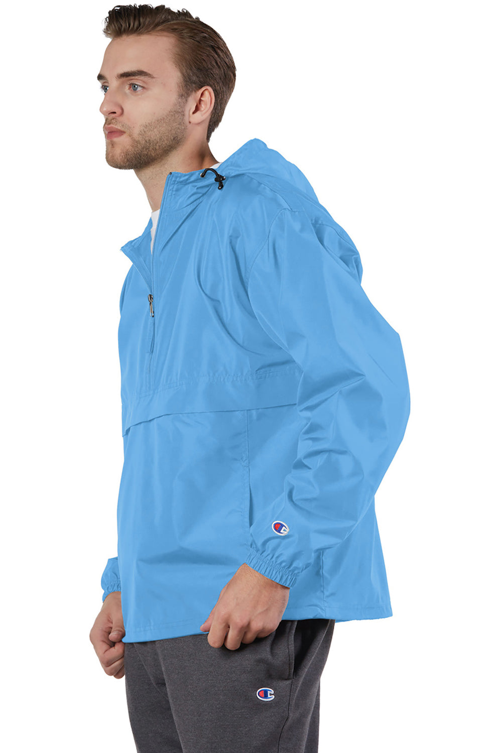 Champion CO200 Mens Packable Wind & Water Resistant Anorak 1/4 Zip Hooded Jacket Light Blue Model Side