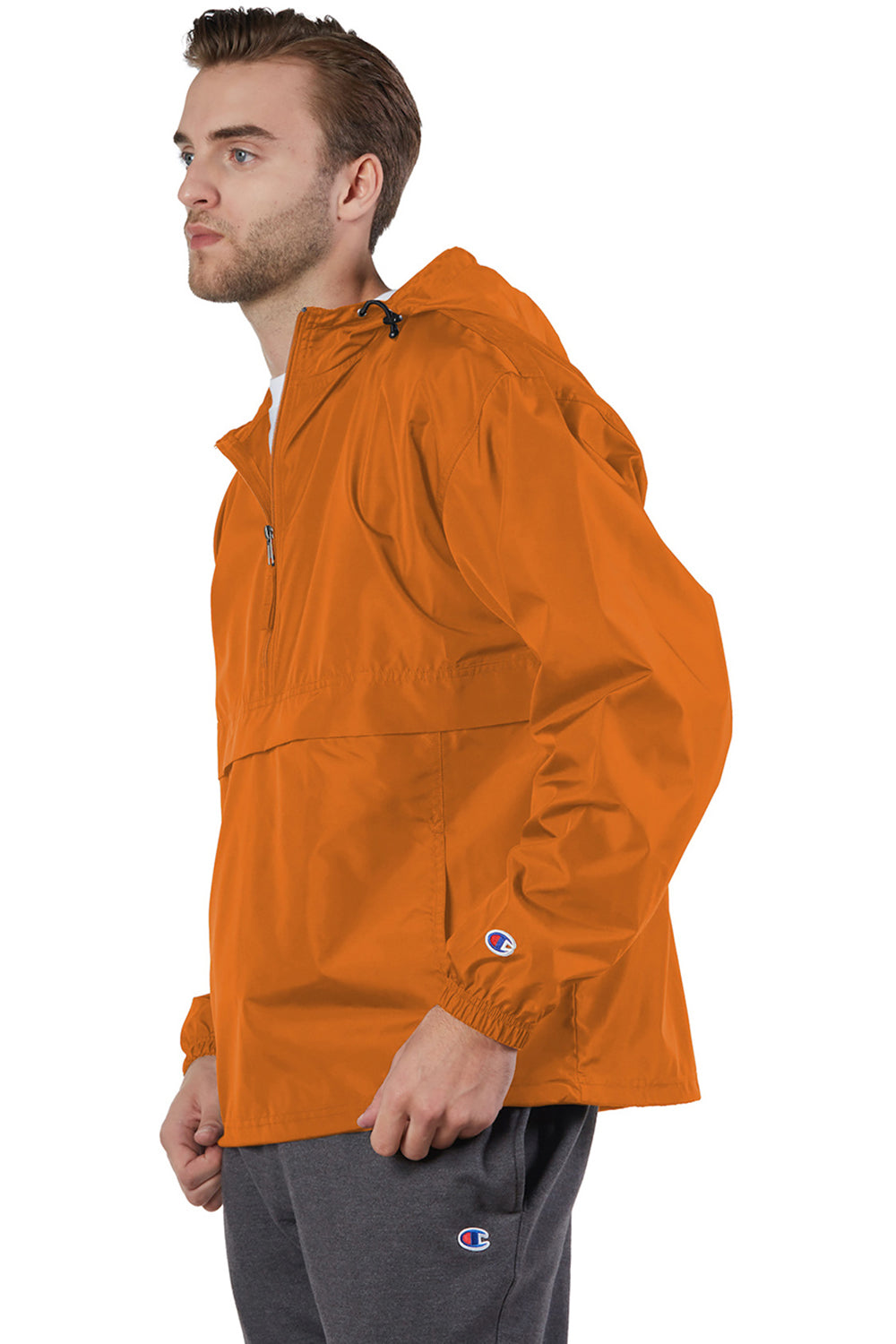 Champion CO200 Mens Packable Wind & Water Resistant Anorak 1/4 Zip Hooded Jacket Orange Model Side