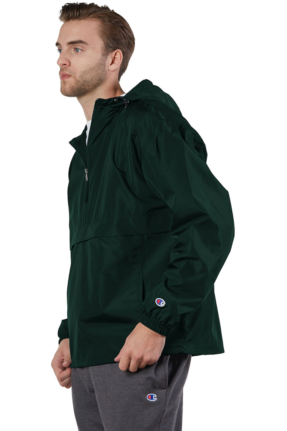 Champion CO200 Mens Packable Wind & Water Resistant Anorak 1/4 Zip Hooded Jacket Dark Green Model Side