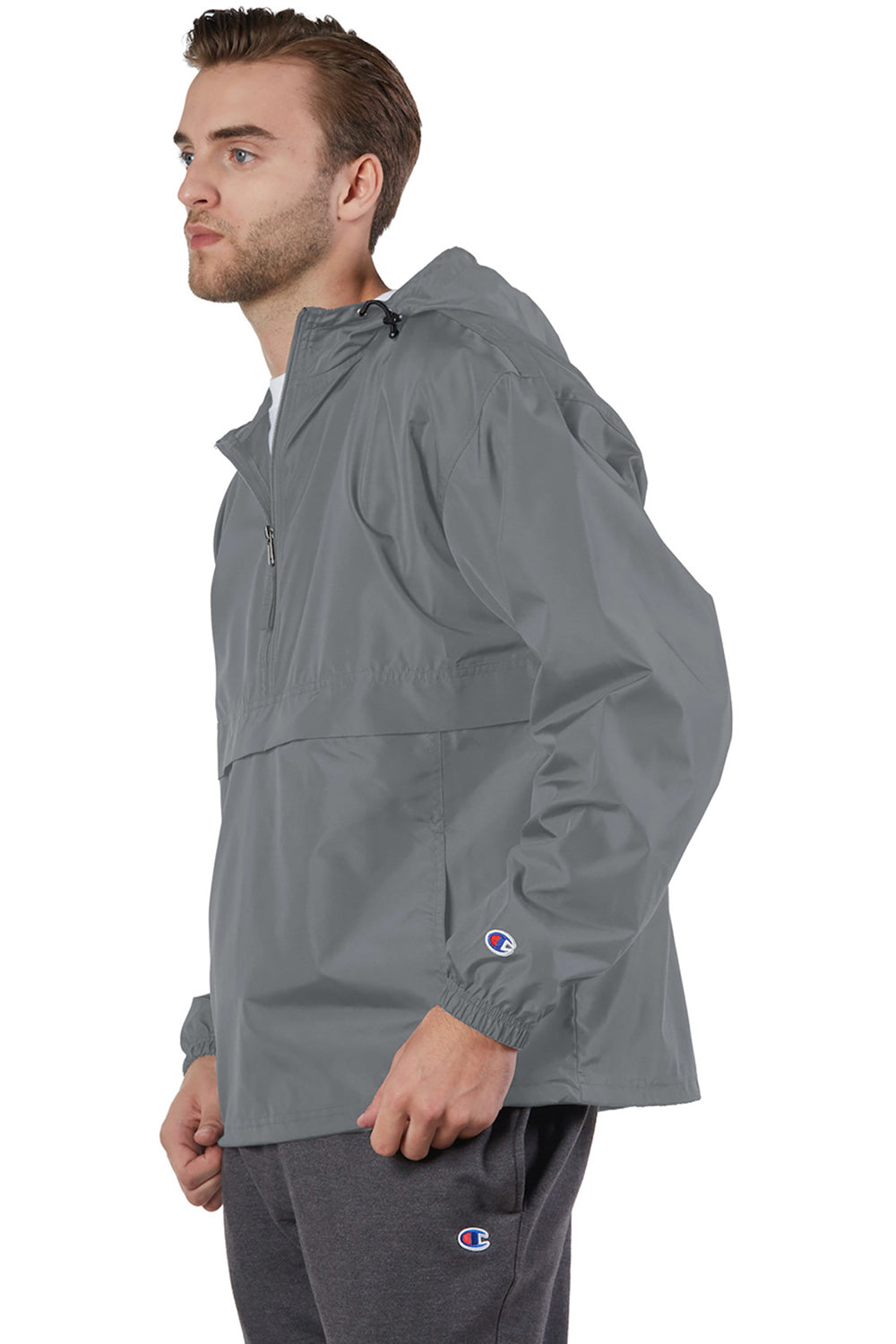 Champion CO200 Mens Packable Wind & Water Resistant Anorak 1/4 Zip Hooded Jacket Graphite Grey Model Side