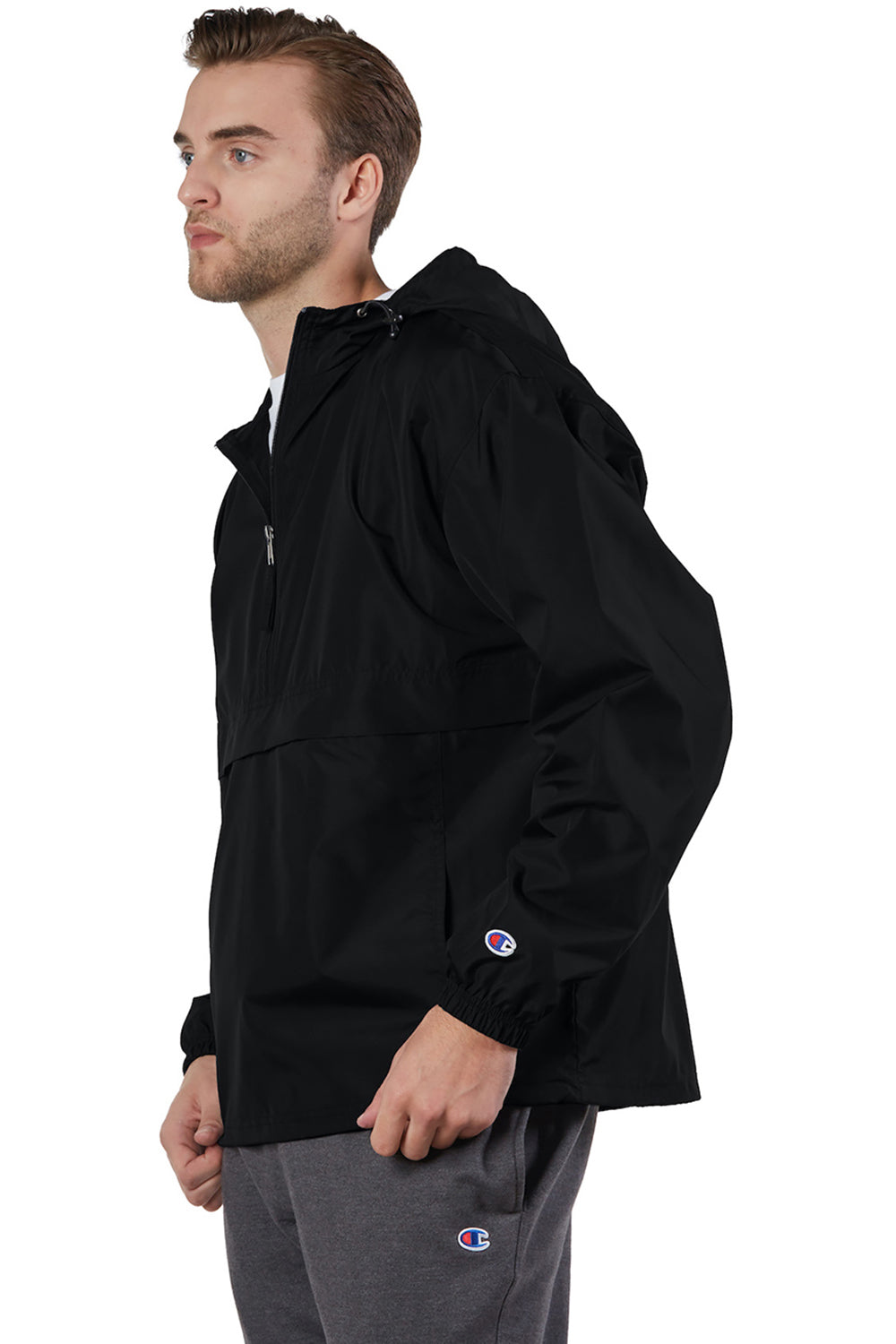 Champion CO200 Mens Packable Wind & Water Resistant Anorak 1/4 Zip Hooded Jacket Black Model Side