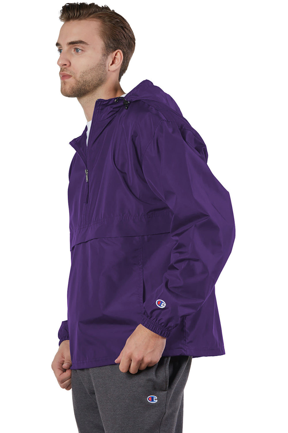 Champion CO200 Mens Packable Wind & Water Resistant Anorak 1/4 Zip Hooded Jacket Ravens Purple Model Side