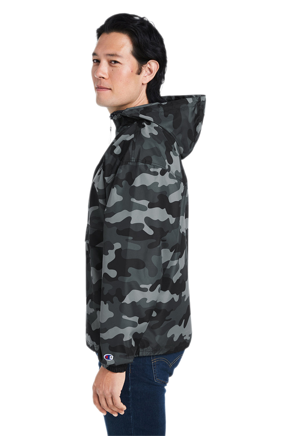 Champion CO200 Mens Packable Wind & Water Resistant Anorak 1/4 Zip Hooded Jacket Concrete Grey Camo Model Side