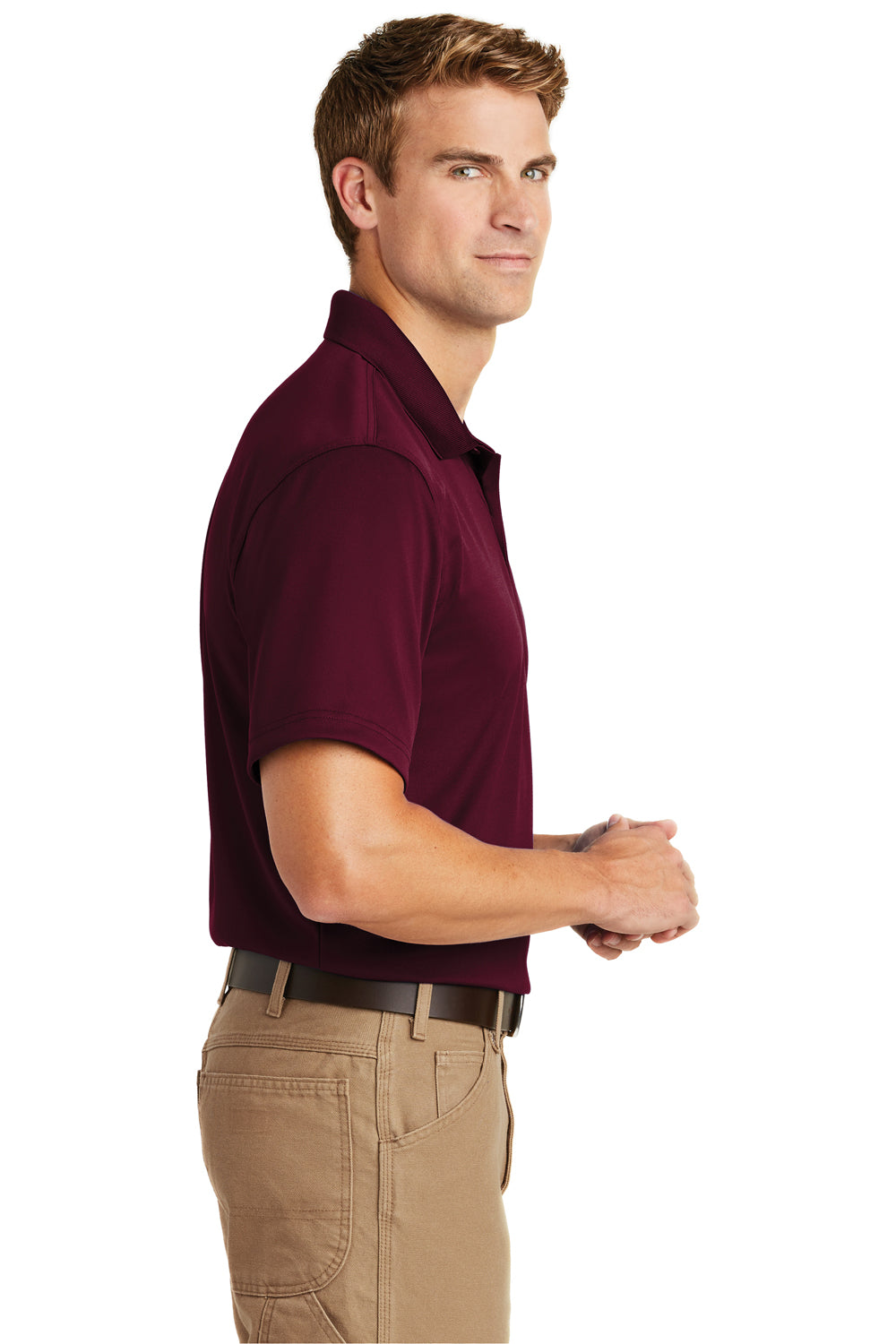 CornerStone CS412/TLCS412 Mens Select Moisture Wicking Short Sleeve Polo Shirt Maroon Model Side