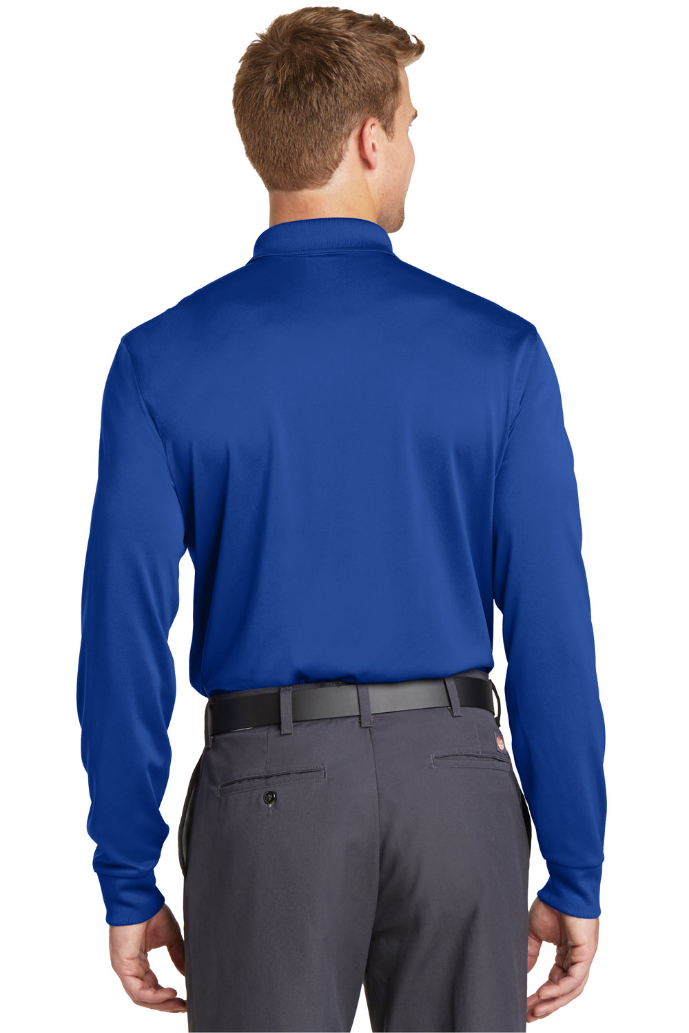 CornerStone CS412LS Mens Select Moisture Wicking Long Sleeve Polo Shirt Royal Blue Model Back