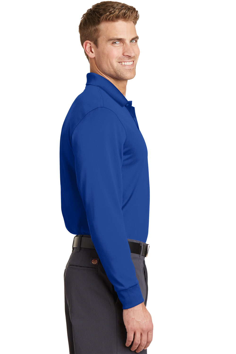 CornerStone CS412LS Mens Select Moisture Wicking Long Sleeve Polo Shirt Royal Blue Model Side