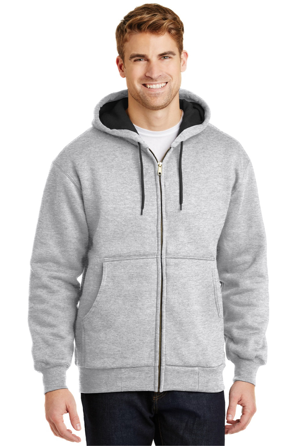 CornerStone CS620 Mens Full Zip Hooded Sweatshirt Hoodie w/ Pockets Heather Grey Model Front