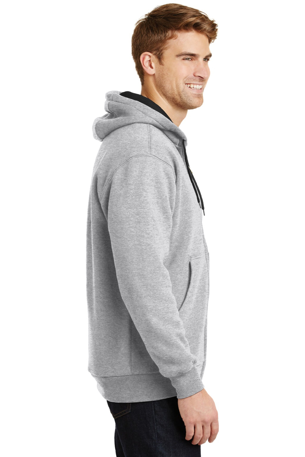 CornerStone CS620 Mens Full Zip Hooded Sweatshirt Hoodie w/ Pockets Heather Grey Model Side