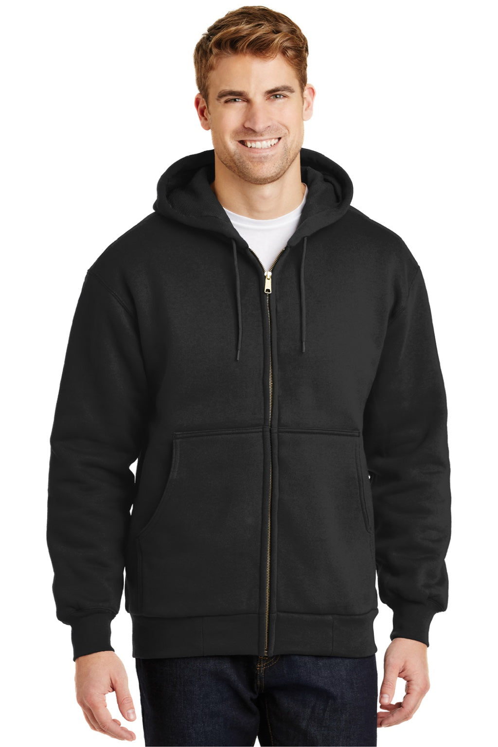 CornerStone CS620 Mens Full Zip Hooded Sweatshirt Hoodie w/ Pockets Black Model Front