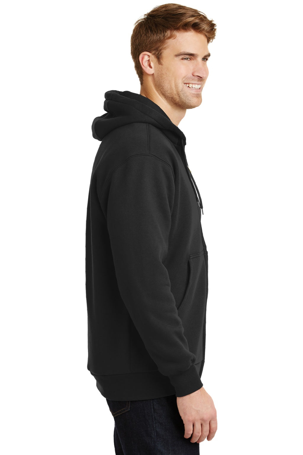 CornerStone CS620 Mens Full Zip Hooded Sweatshirt Hoodie w/ Pockets Black Model Side