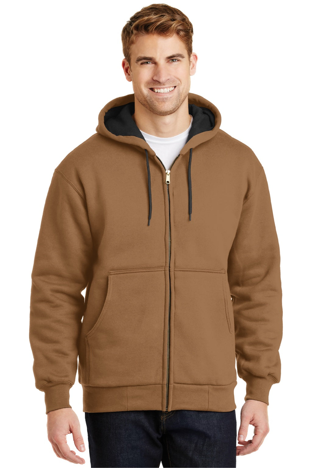 CornerStone CS620 Mens Full Zip Hooded Sweatshirt Hoodie w/ Pockets Duck Brown Model Front