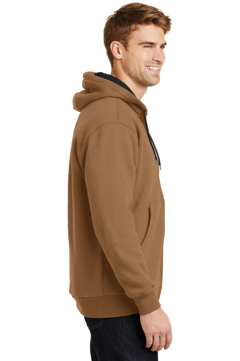 CornerStone CS620 Mens Full Zip Hooded Sweatshirt Hoodie w/ Pockets Duck Brown Model Side