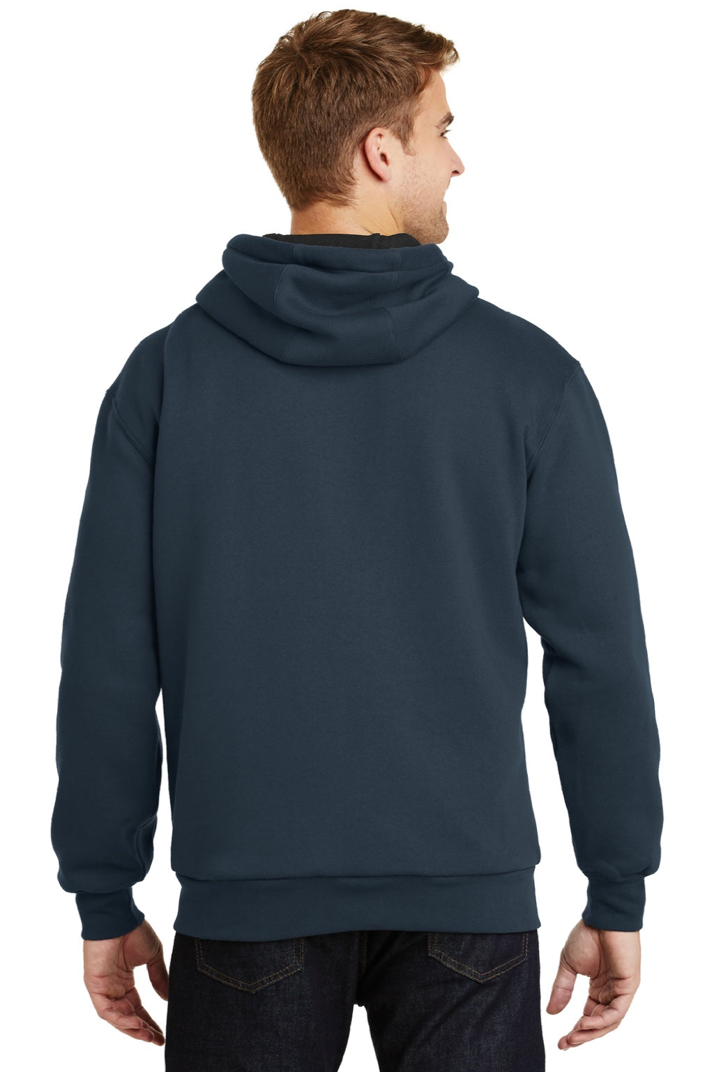 CornerStone CS620 Mens Full Zip Hooded Sweatshirt Hoodie w/ Pockets Navy Blue Model Back