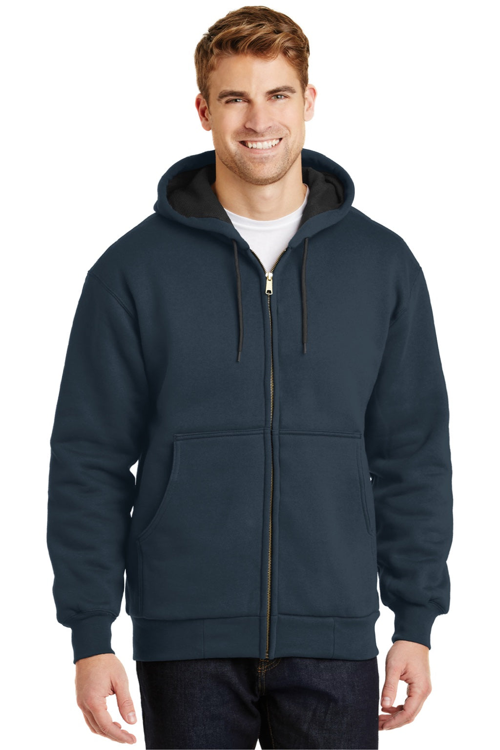 CornerStone CS620 Mens Full Zip Hooded Sweatshirt Hoodie w/ Pockets Navy Blue Model Front