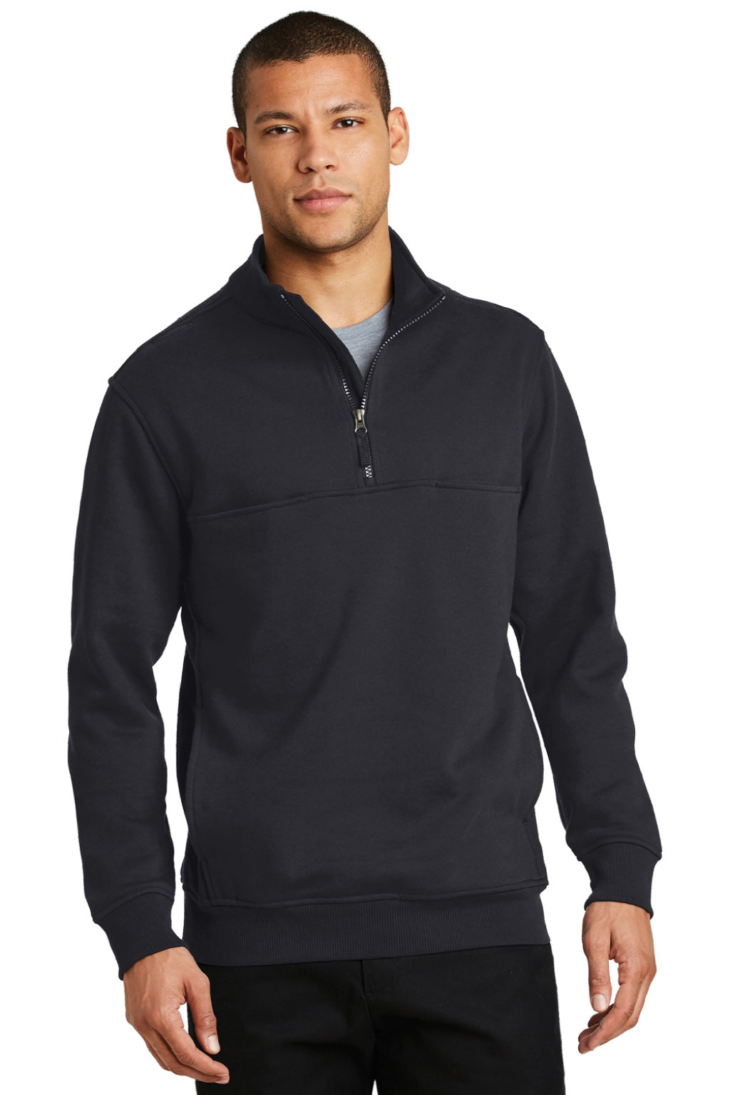 CornerStone CS626 Mens Fleece 1/4 Zip Sweatshirt w/ Pockets Dark Navy Blue Model Front