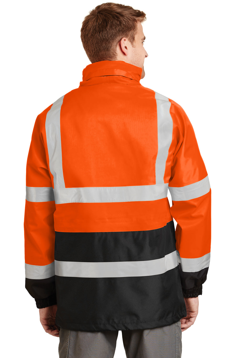 CornerStone CSJ24 Mens ANSI 107 Class 3 Waterproof Full Zip Hooded Jacket Safety Orange Model Back