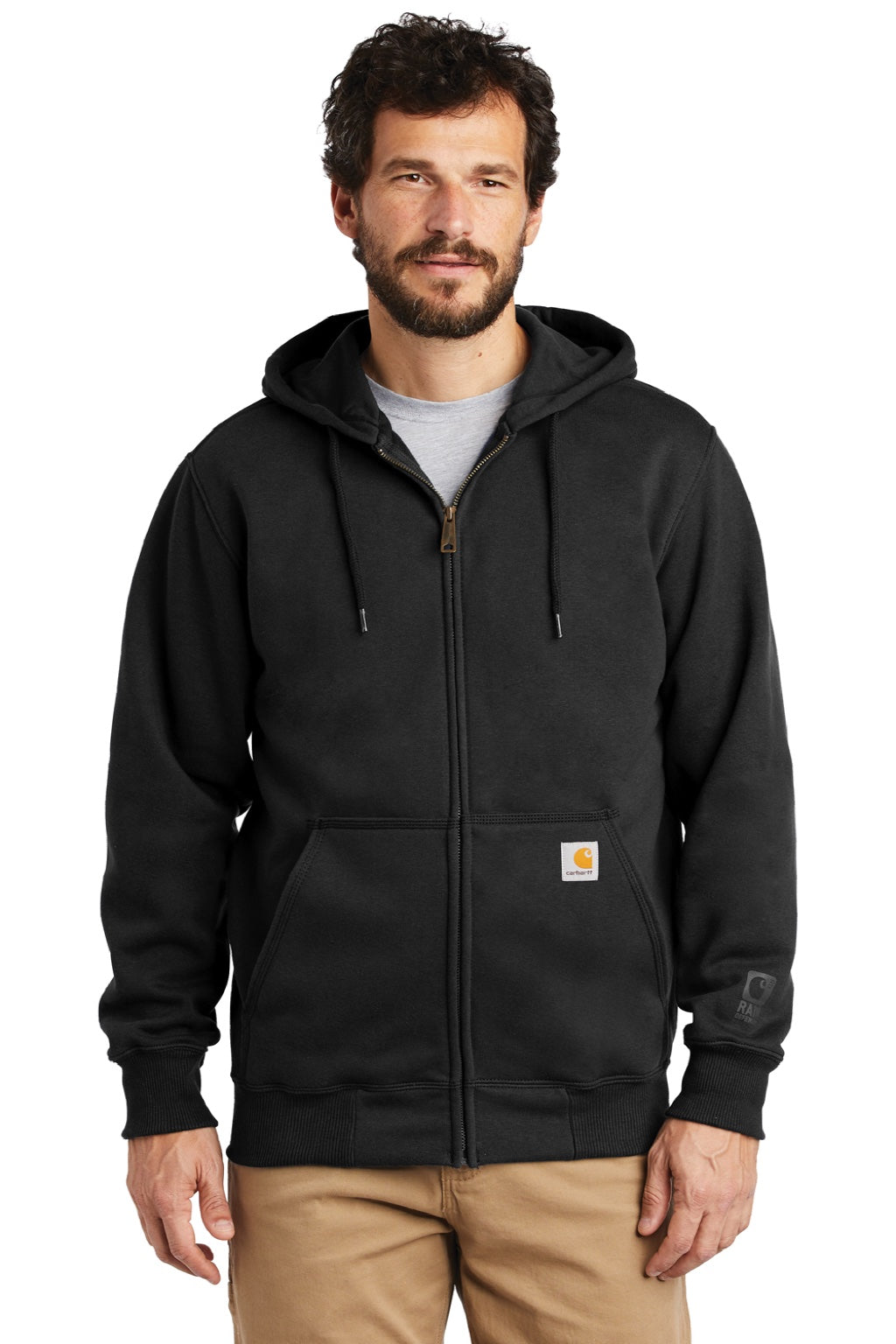 Carhartt CT100614 Mens Paxton Rain Defender Water Resistant Full Zip Hooded Sweatshirt Hoodie w/ Pockets Black Model Front