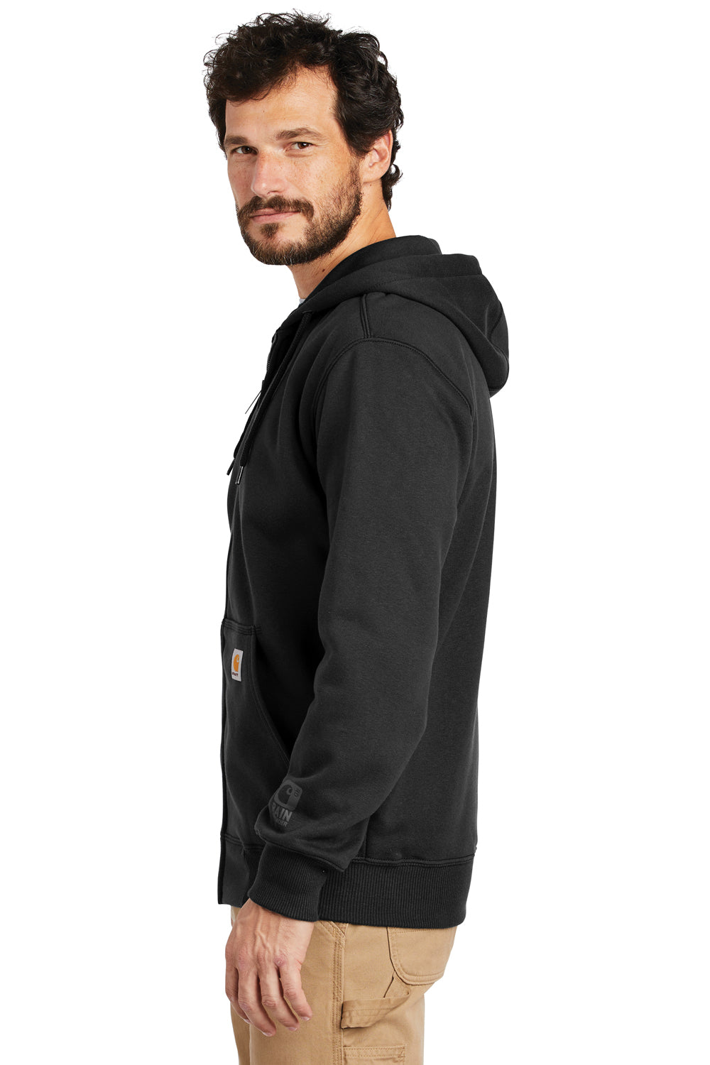 Carhartt CT100614 Mens Paxton Rain Defender Water Resistant Full Zip Hooded Sweatshirt Hoodie Black Model Side