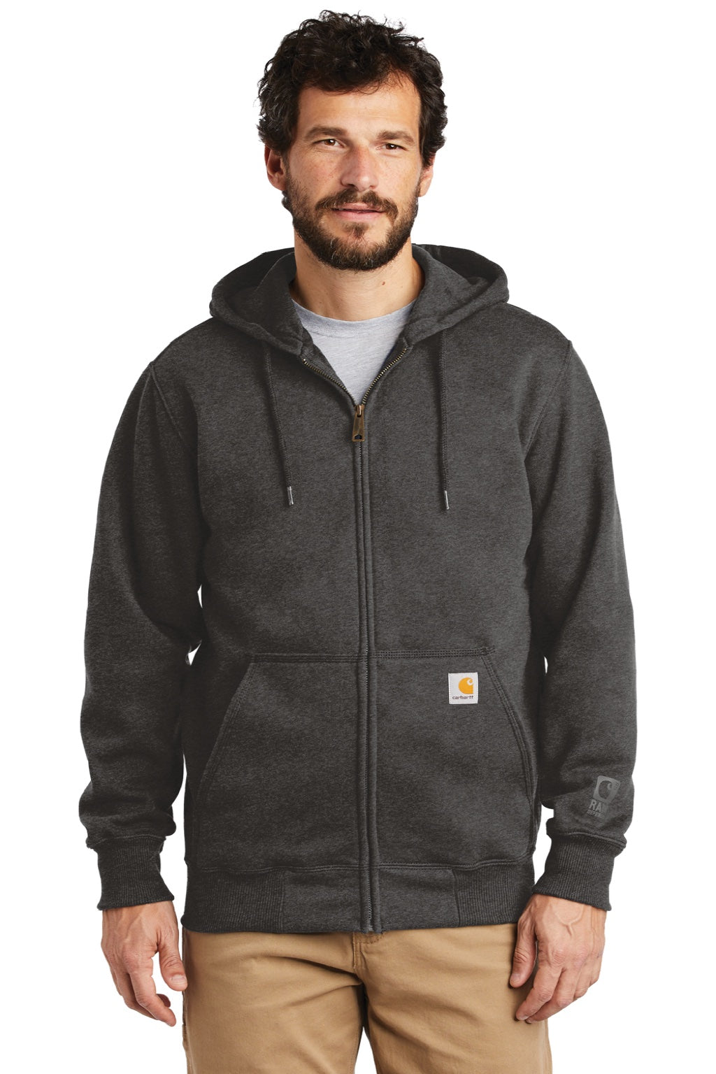 Carhartt CT100614 Mens Paxton Rain Defender Water Resistant Full Zip Hooded Sweatshirt Hoodie w/ Pockets Heather Carbon Grey Model Front