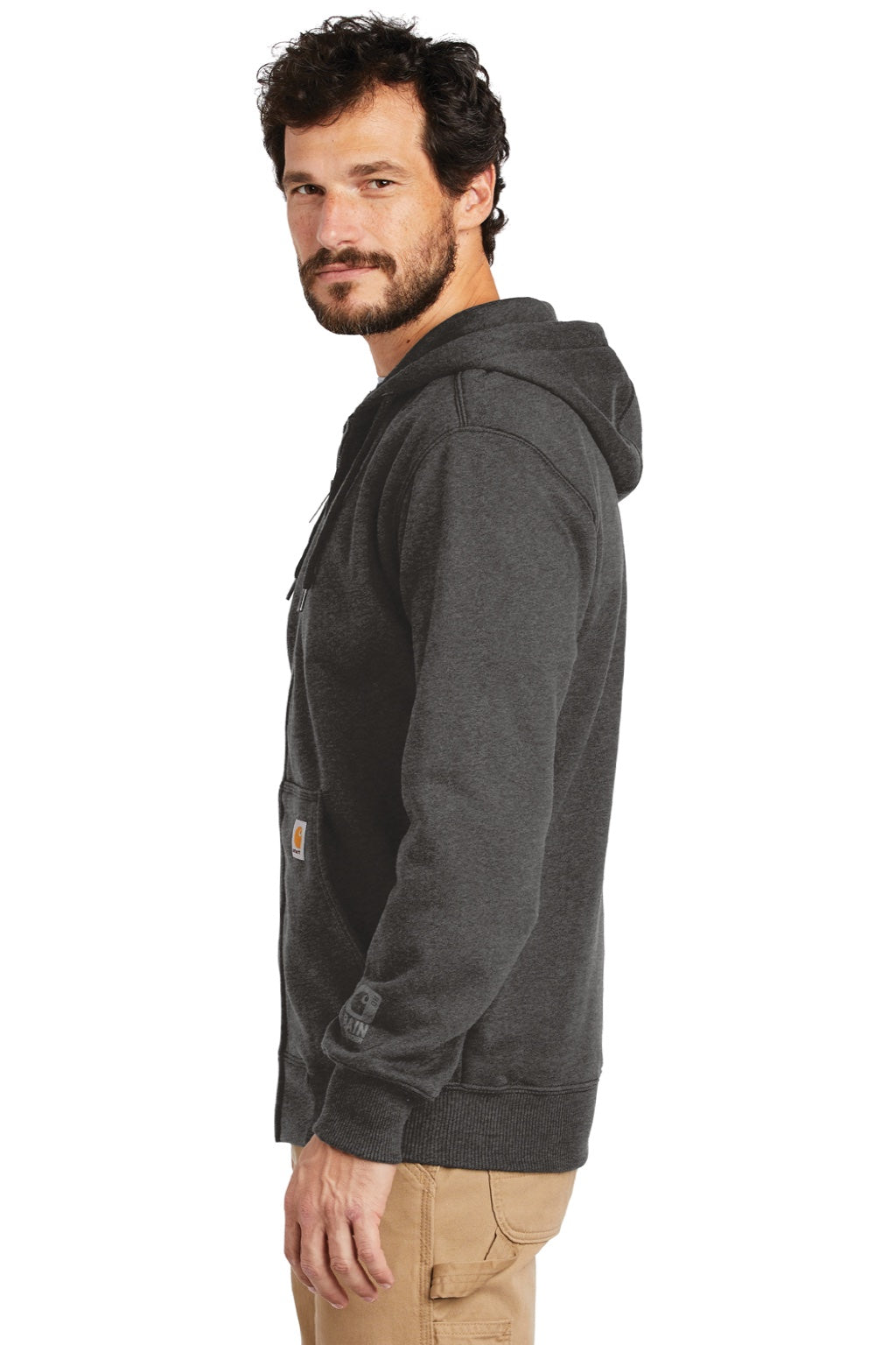 Carhartt CT100614 Mens Paxton Rain Defender Water Resistant Full Zip Hooded Sweatshirt Hoodie w/ Pockets Heather Carbon Grey Model Side