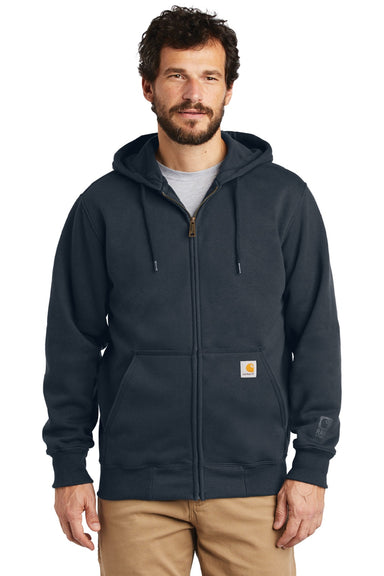 Carhartt CT100614 Mens Paxton Rain Defender Water Resistant Full Zip Hooded Sweatshirt Hoodie w/ Pockets Navy Blue Model Front