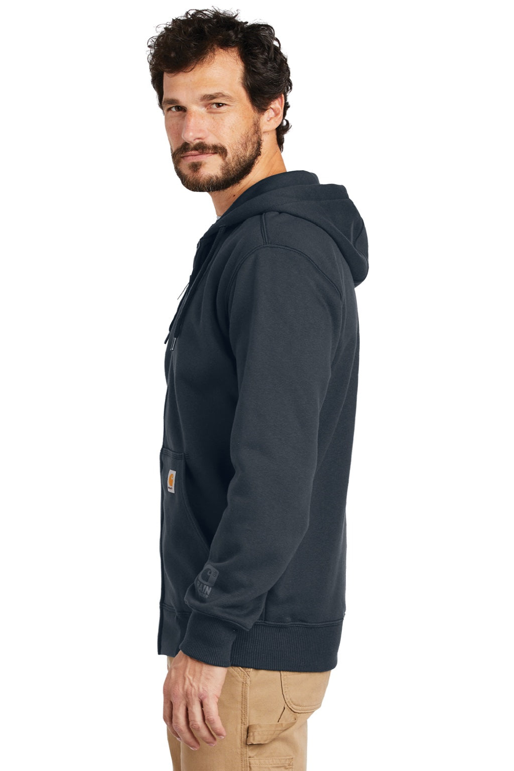 Carhartt CT100614 Mens Paxton Rain Defender Water Resistant Full Zip Hooded Sweatshirt Hoodie w/ Pockets Navy Blue Model Side