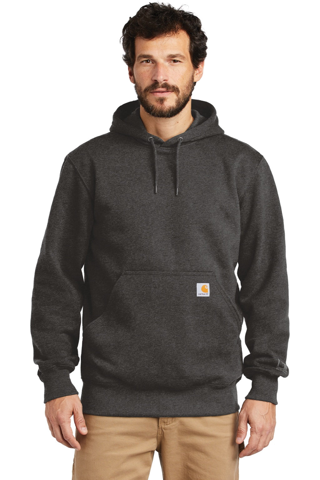 Carhartt CT100615 Mens Paxton Rain Defender Water Resistant Hooded Sweatshirt Hoodie w/ Pouch Pocket Heather Carbon Grey Model Front