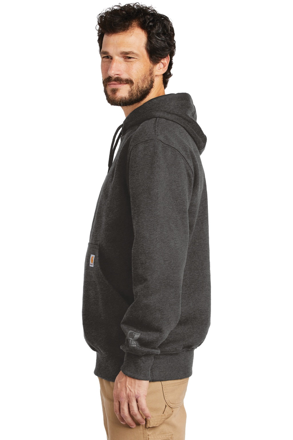 Carhartt CT100615 Mens Paxton Rain Defender Water Resistant Hooded Sweatshirt Hoodie w/ Pouch Pocket Heather Carbon Grey Model Side