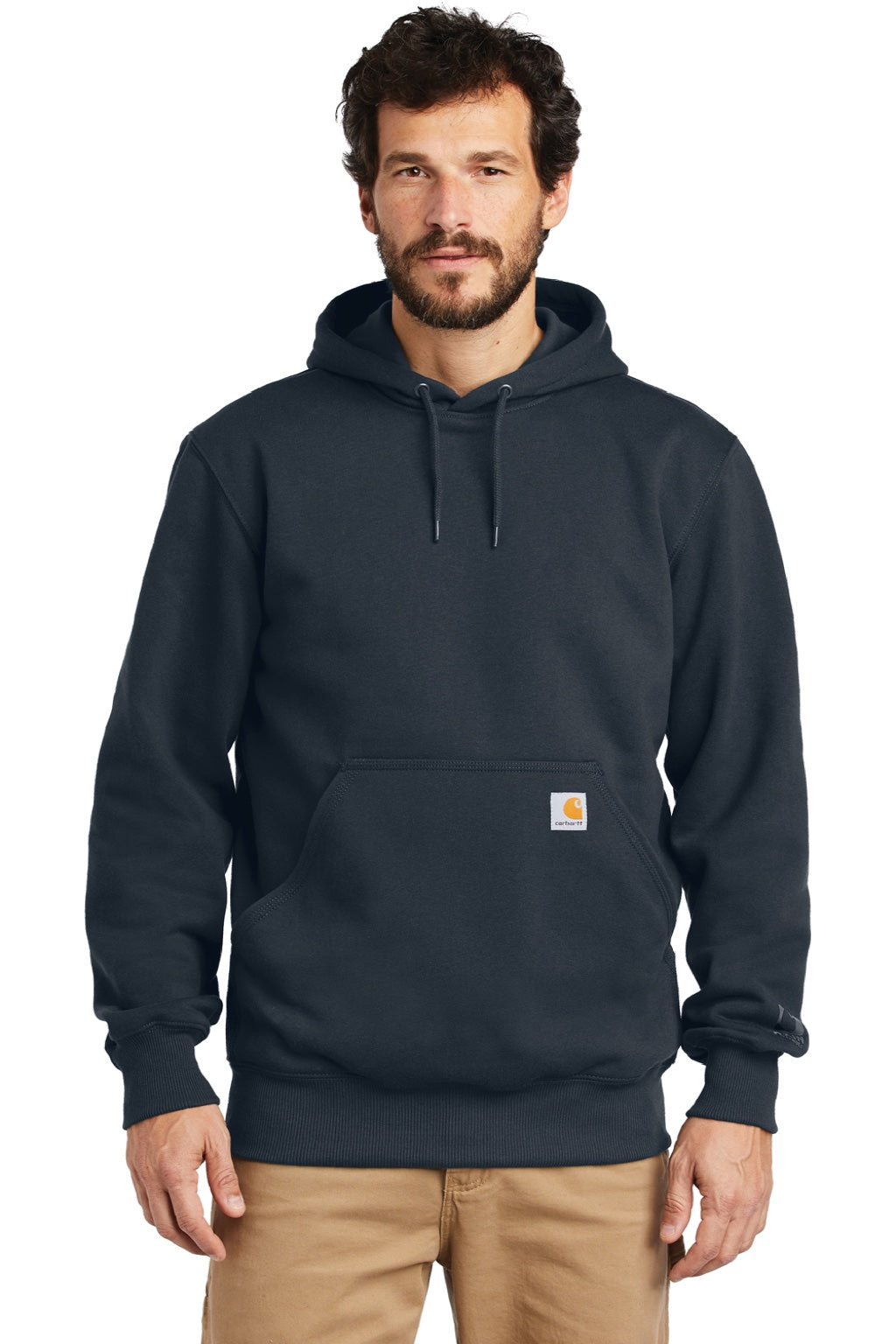 Carhartt CT100615 Mens Paxton Rain Defender Water Resistant Hooded Sweatshirt Hoodie w/ Pouch Pocket Navy Blue Model Front