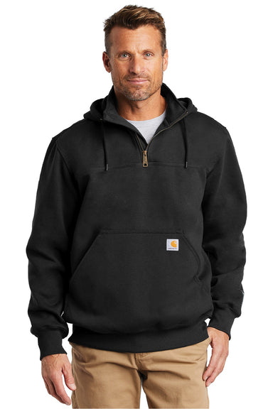 Carhartt CT100617 Mens Paxton Rain Defender Water Resistant 1/4 Zip Hooded Sweatshirt Hoodie w/ Pouch Pocket Black Model Front