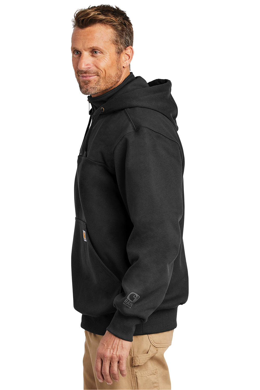 Carhartt CT100617 Mens Paxton Rain Defender Water Resistant 1/4 Zip Hooded Sweatshirt Hoodie Black Model Side