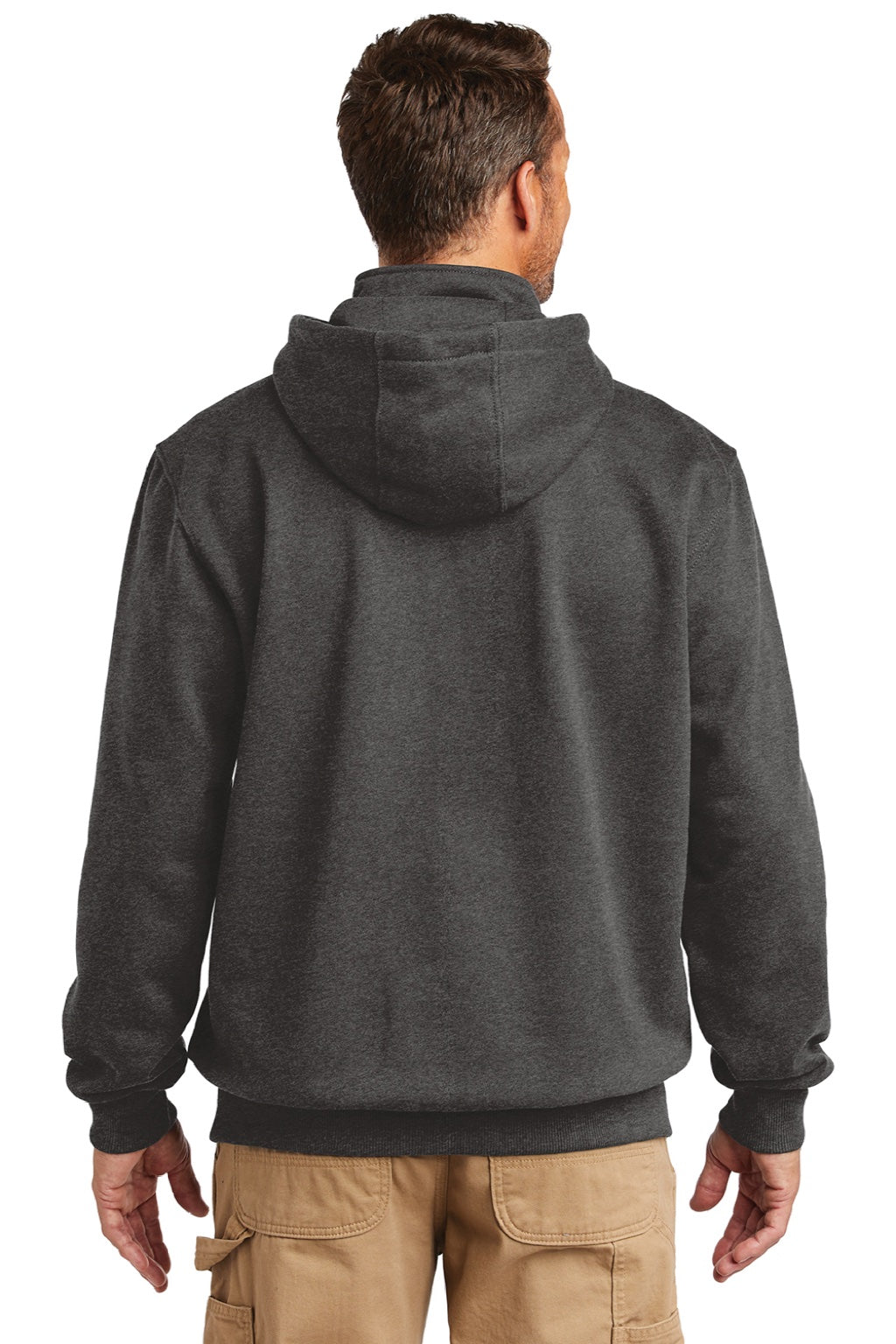 Carhartt CT100617 Mens Paxton Rain Defender Water Resistant 1/4 Zip Hooded Sweatshirt Hoodie w/ Pouch Pocket Heather Carbon Grey Model Back