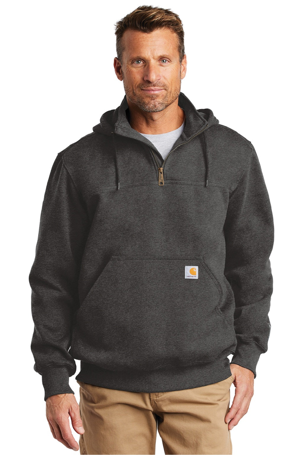 Carhartt CT100617 Mens Paxton Rain Defender Water Resistant 1/4 Zip Hooded Sweatshirt Hoodie w/ Pouch Pocket Heather Carbon Grey Model Front