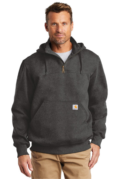 Carhartt CT100617 Mens Paxton Rain Defender Water Resistant 1/4 Zip Hooded Sweatshirt Hoodie w/ Pouch Pocket Heather Carbon Grey Model Front