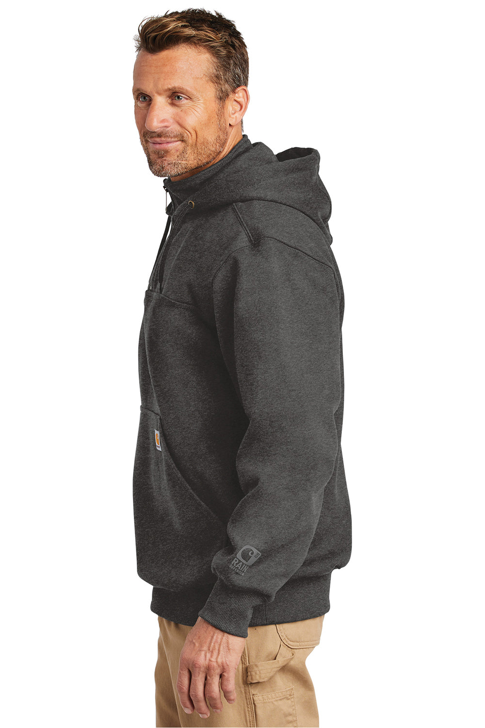 Carhartt CT100617 Mens Paxton Rain Defender Water Resistant 1/4 Zip Hooded Sweatshirt Hoodie Heather Carbon Grey Model Side