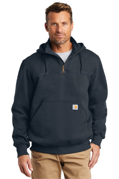 Carhartt CT100617 Mens Paxton Rain Defender Water Resistant 1/4 Zip Hooded Sweatshirt Hoodie w/ Pouch Pocket Navy Blue Model Front