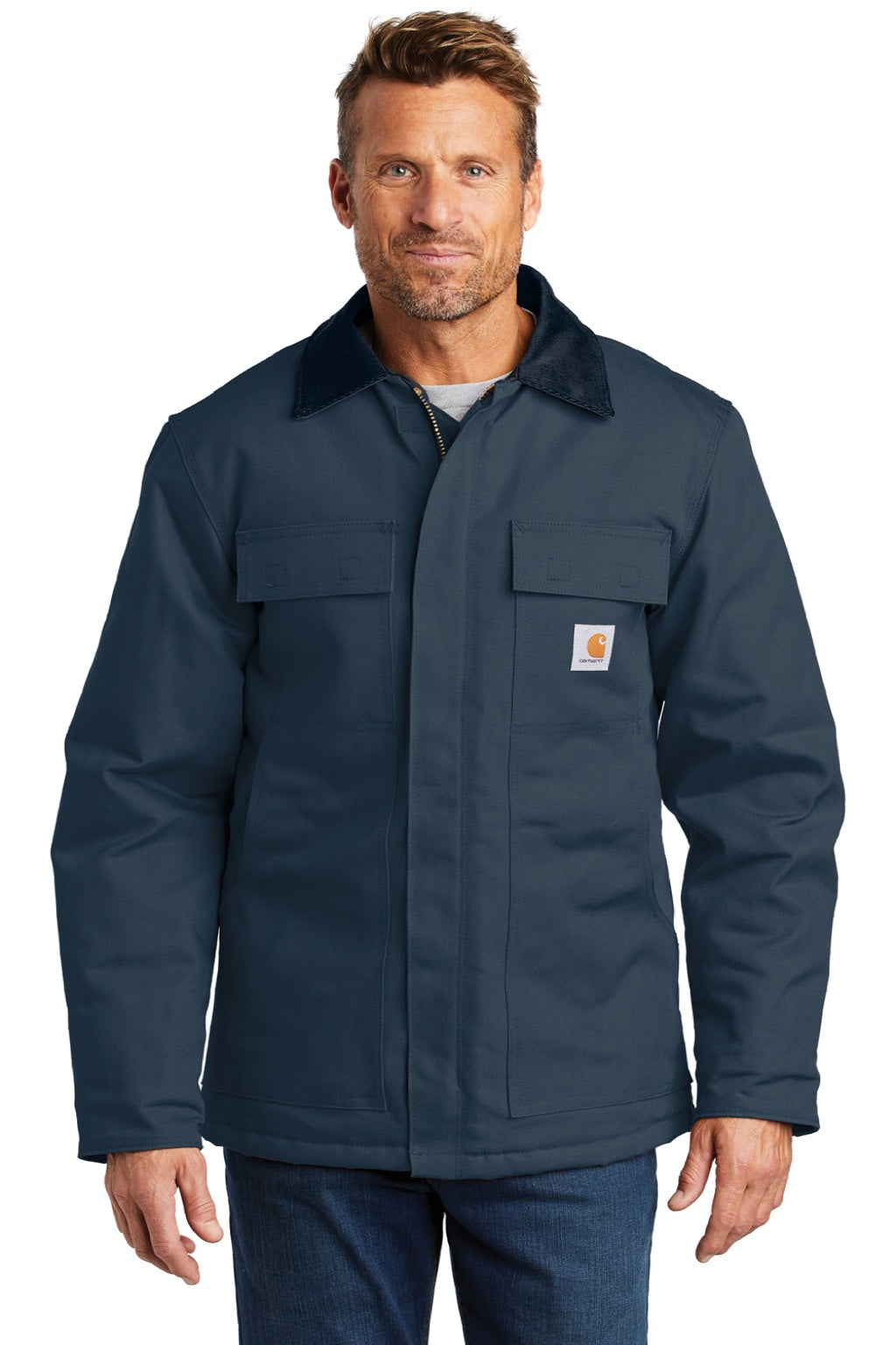 Carhartt CTC003/CTTC003/CT106674/CTT106674 Mens Wind & Water Resistant Duck Cloth Full Zip Jacket Navy Blue Model Front