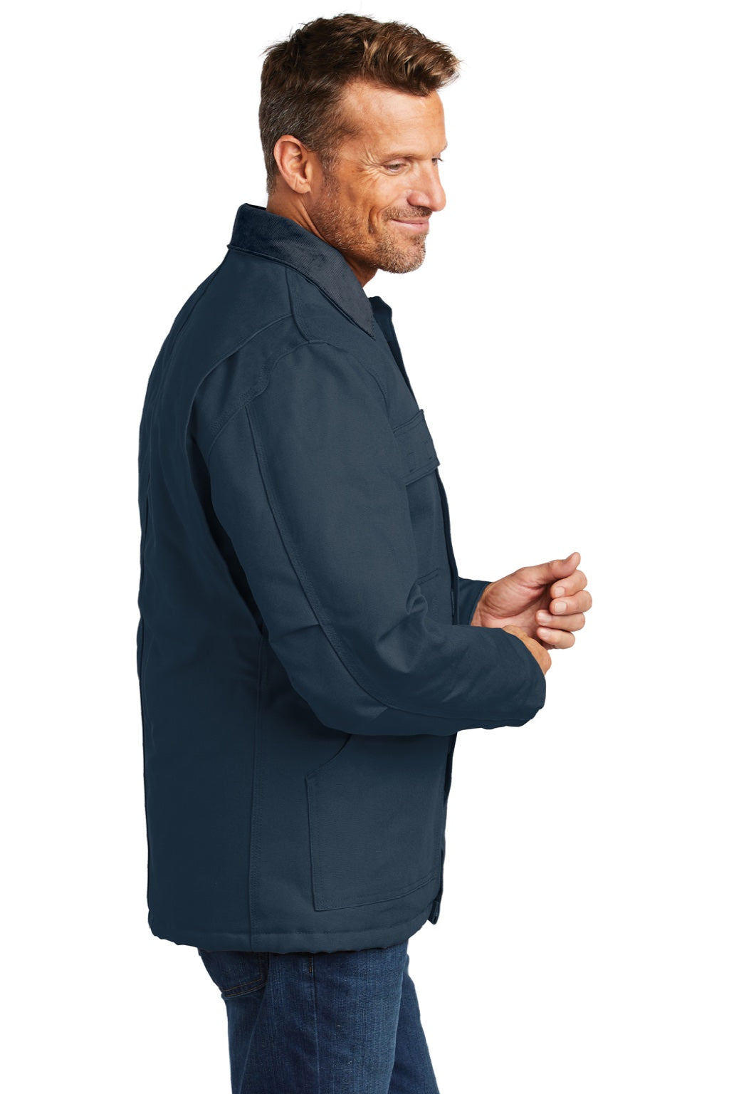 Carhartt CTC003/CTTC003/CT106674/CTT106674 Mens Wind & Water Resistant Duck Cloth Full Zip Jacket Navy Blue Model Side