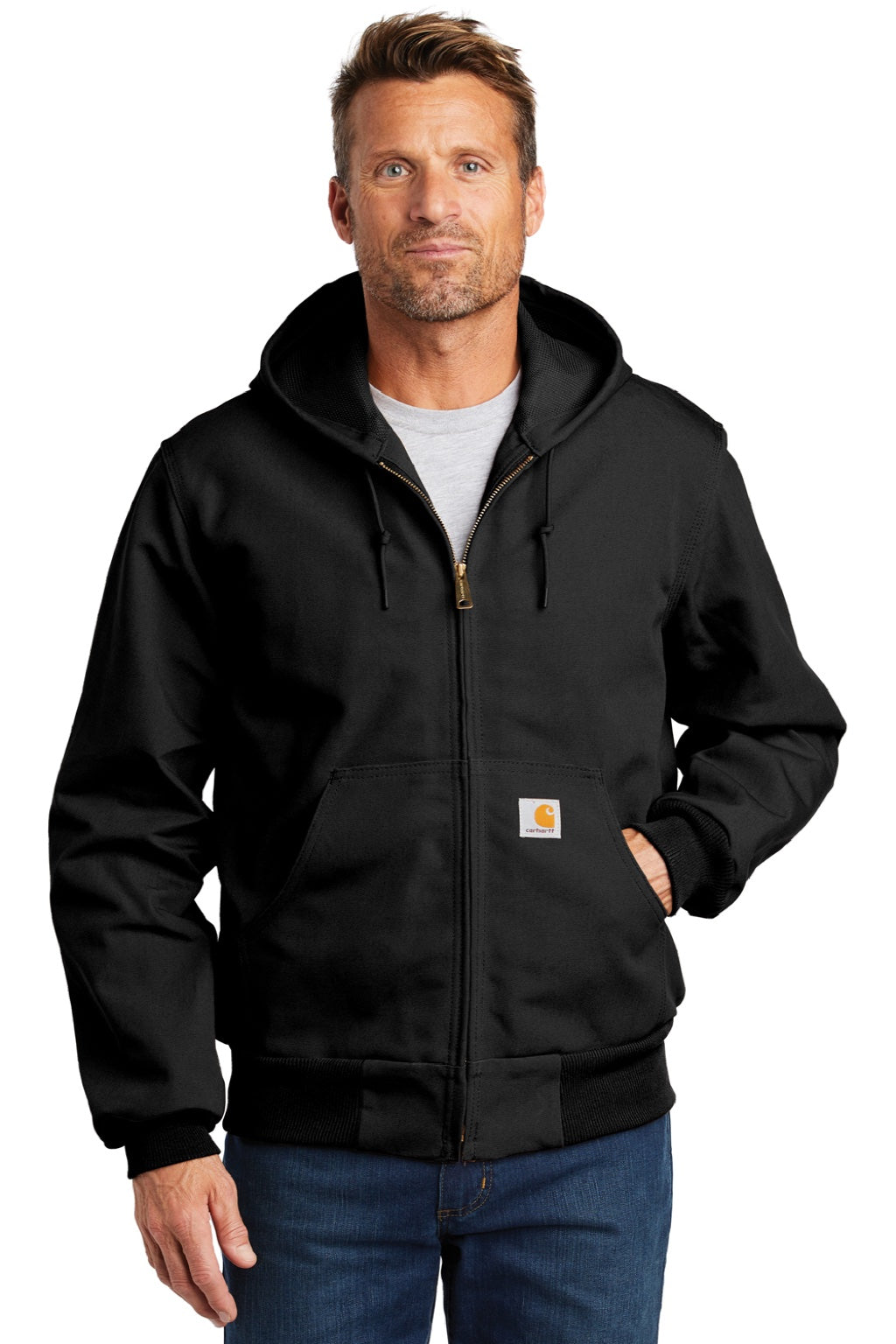 Carhartt CTJ131/CTTJ131/CT106678/CTT106678 Mens Wind & Water Resistant Duck Cloth Full Zip Hooded Work Jacket Black Model Front