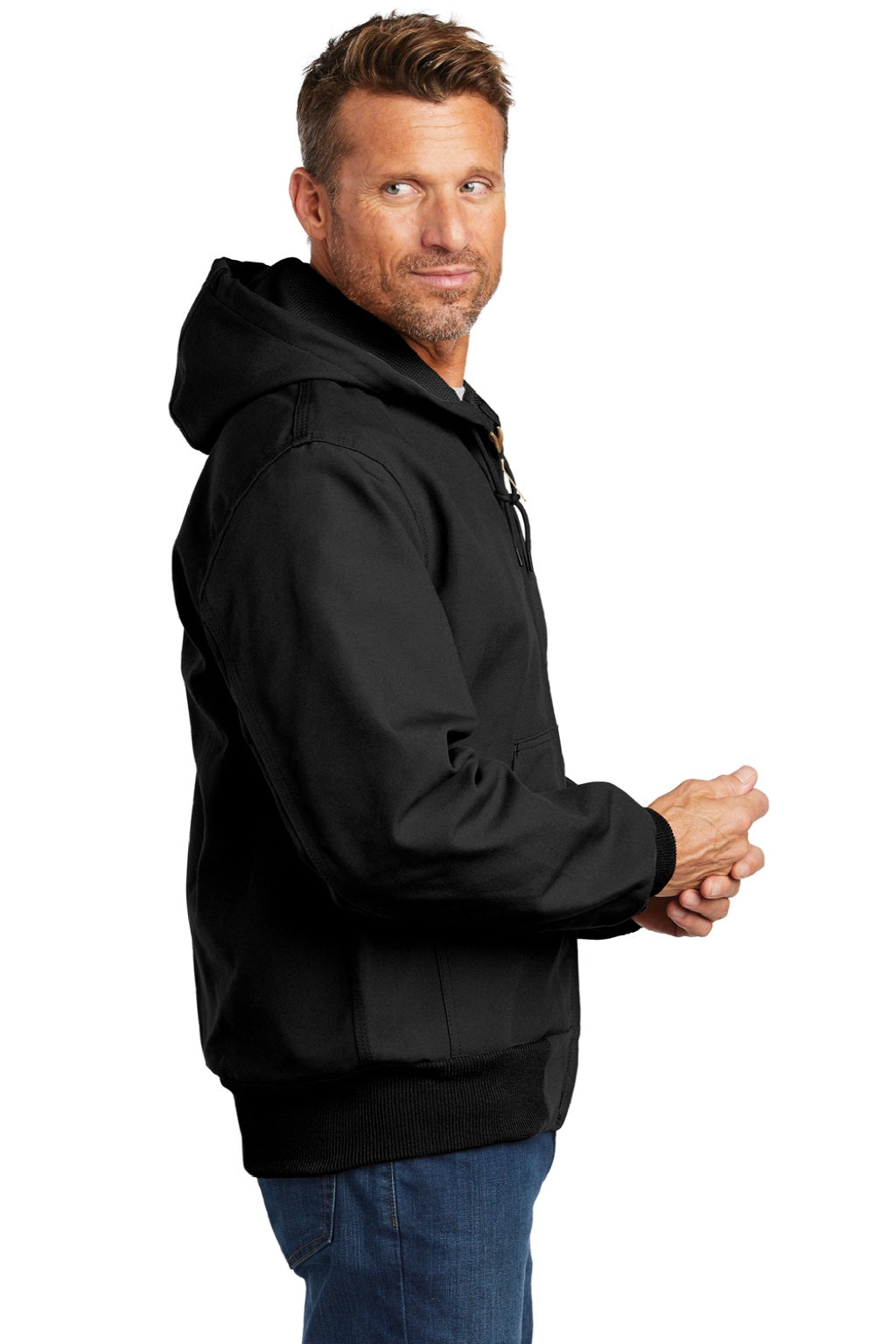 Carhartt CTJ131/CTTJ131/CT106678/CTT106678 Mens Wind & Water Resistant Duck Cloth Full Zip Hooded Work Jacket Black Model Side