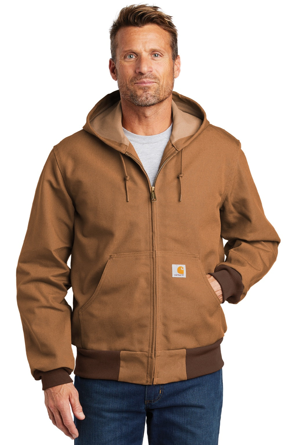 Carhartt CTJ131/CTTJ131/CT106678/CTT106678 Mens Wind & Water Resistant Duck Cloth Full Zip Hooded Work Jacket Carhartt Brown Model Front
