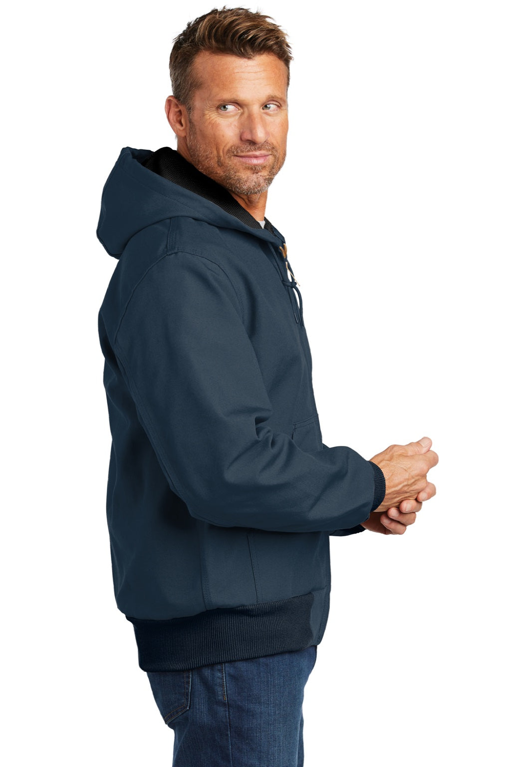 Carhartt CTJ131/CTTJ131/CT106678/CTT106678 Mens Wind & Water Resistant Duck Cloth Full Zip Hooded Work Jacket Navy Blue Model Side