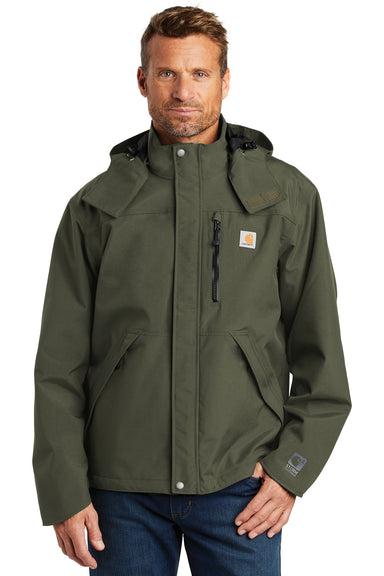 Carhartt CTJ162 Mens Shoreline Waterproof Full Zip Hooded Jacket Olive Green Model Front