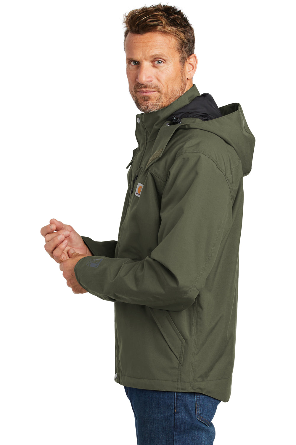 Carhartt CTJ162 Mens Shoreline Waterproof Full Zip Hooded Jacket Olive Green Model Side