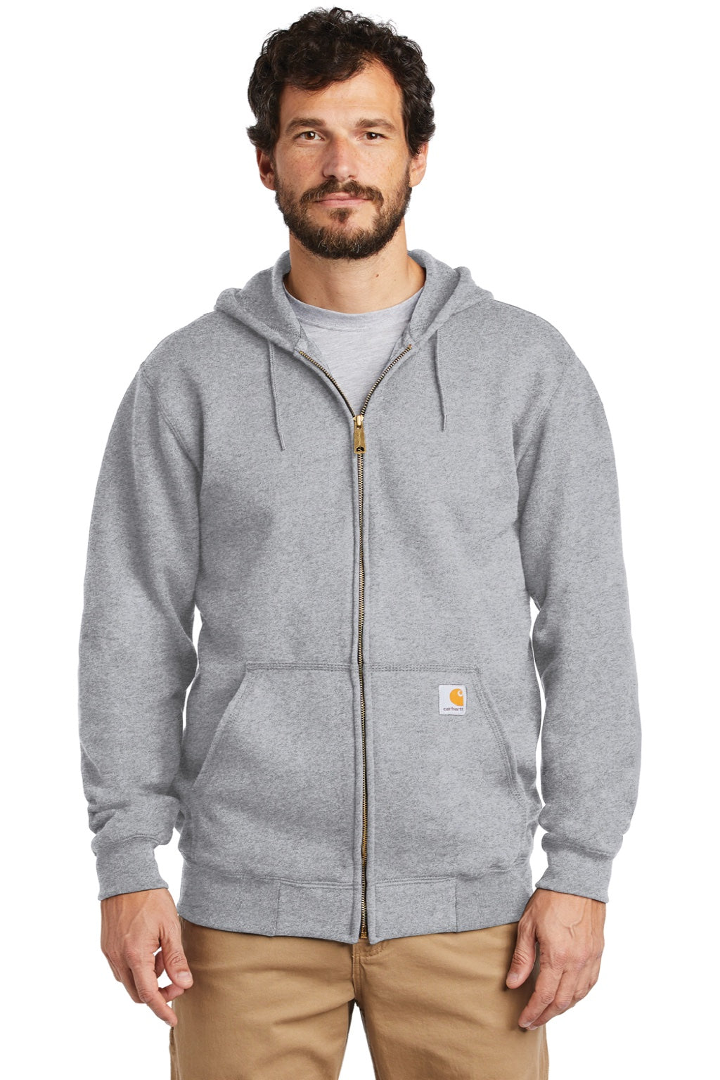 Carhartt CTK122 Mens Full Zip Hooded Sweatshirt Hoodie w/ Pockets Heather Grey Model Front