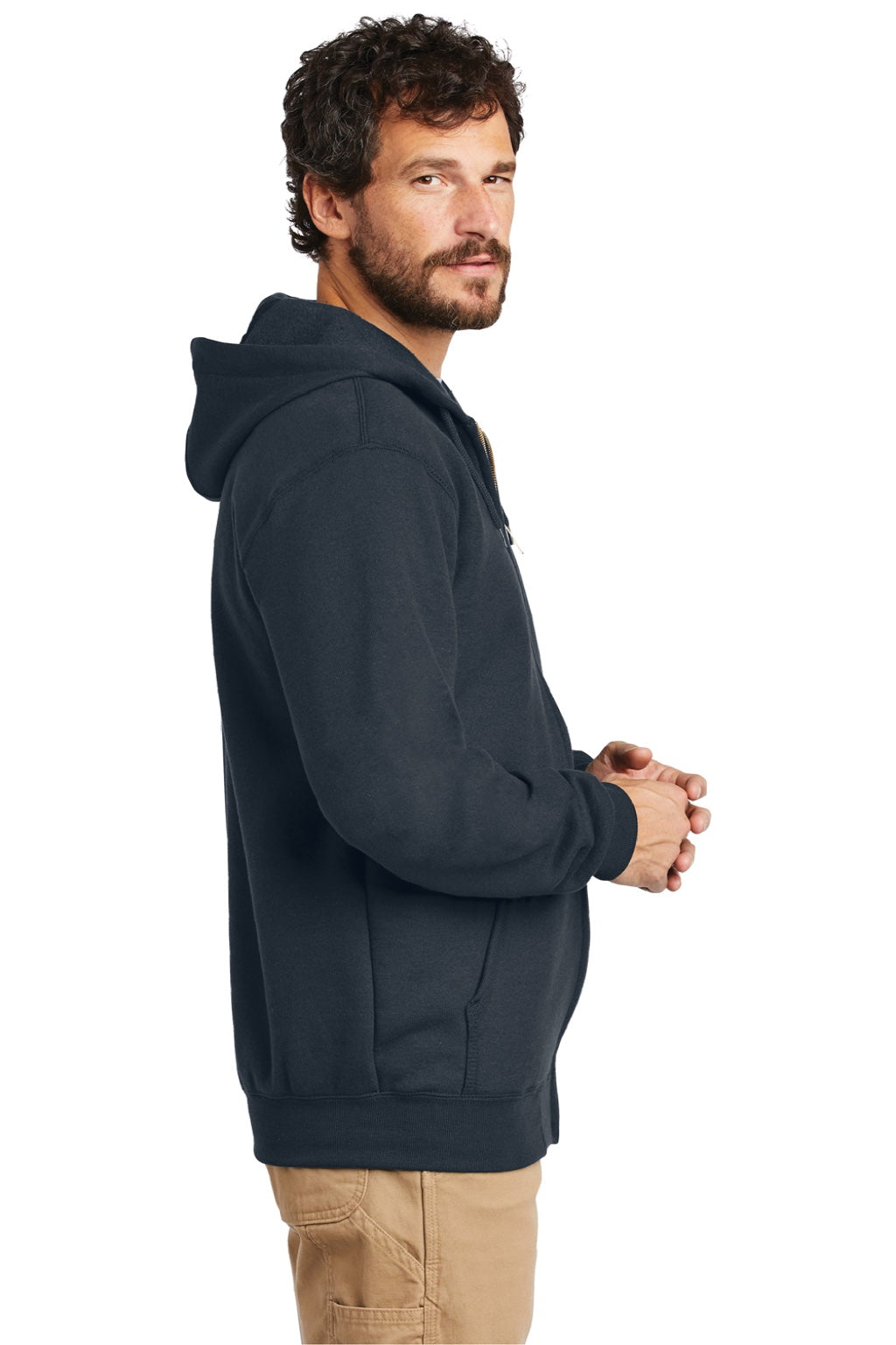 Carhartt CTK122 Mens Full Zip Hooded Sweatshirt Hoodie w/ Pockets Navy Blue Model Side