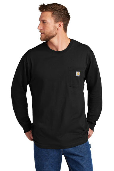 Carhartt CTK126 Mens Workwear Long Sleeve Crewneck T-Shirt w/ Pocket Black Model Front